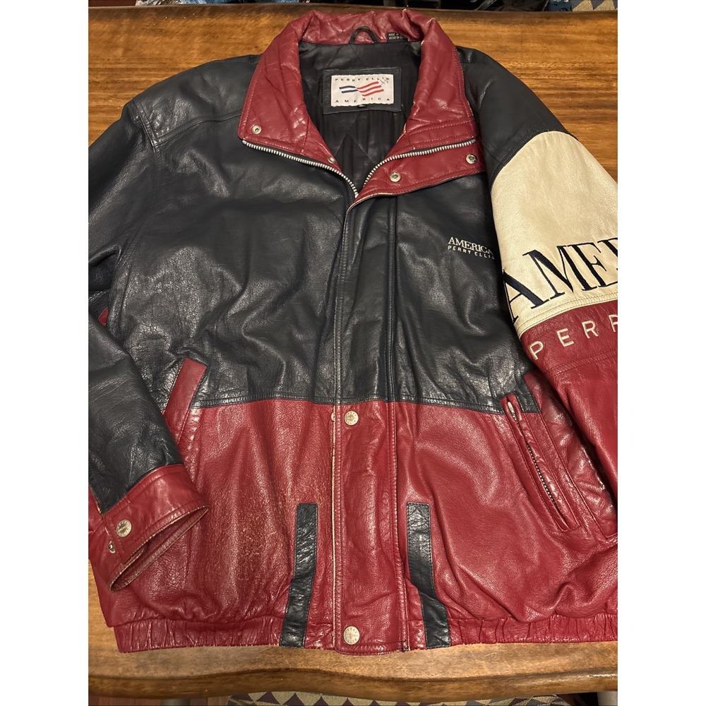 Perry Ellis America Leather Jacket Colorblock Bomber Heavyweight Mens Sz XL